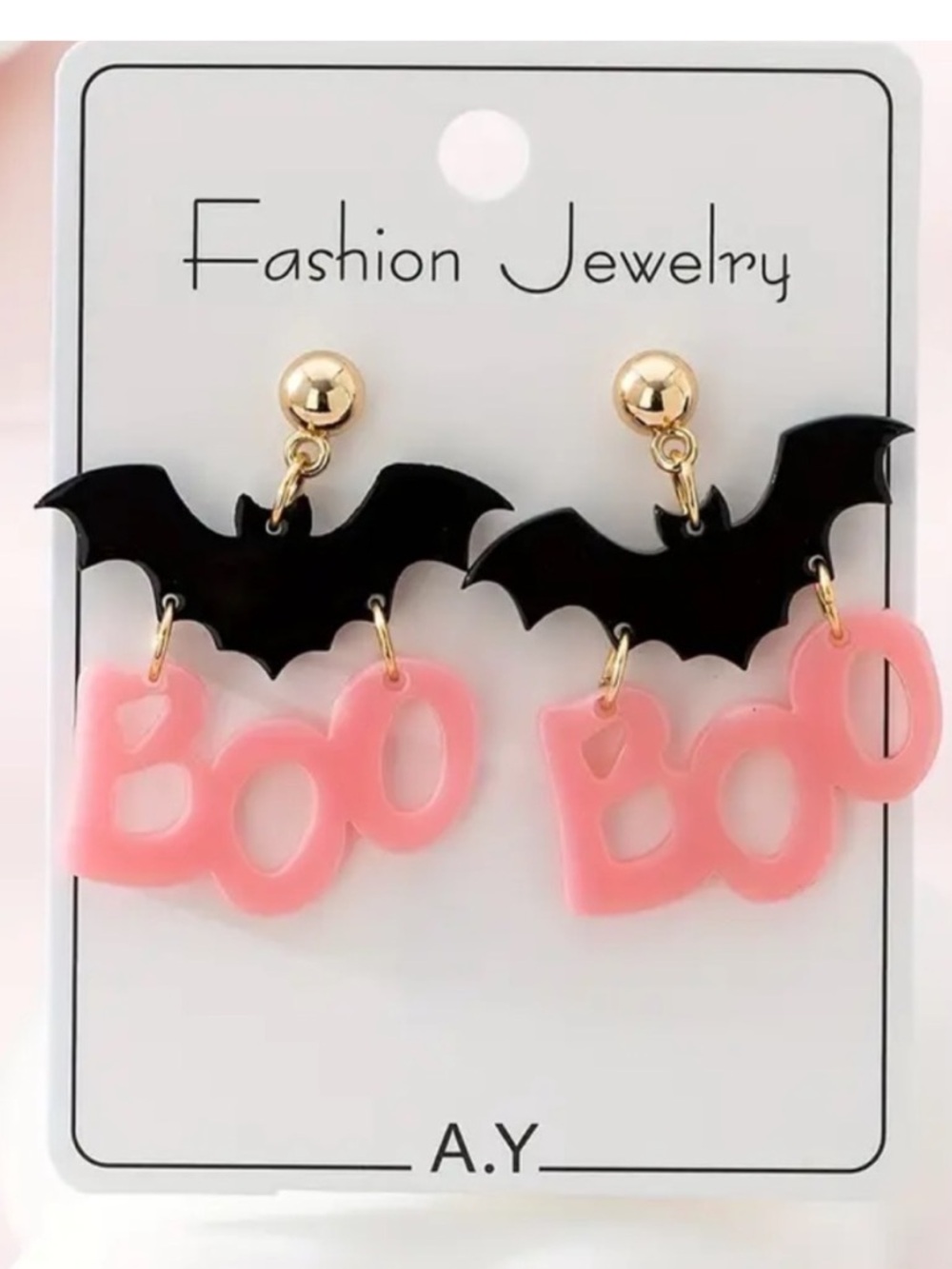 Pink BOO Earrings with Black Bat and Gold Studs